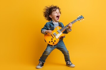 Obraz premium A young boy playing an electric guitar, his hair standing on end, shouting and having fun against a yellow background. The child is dressed in jeans and sneakers and has dark brown eyes.