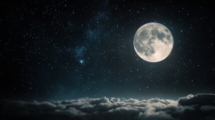 Fototapeta premium Full moon glowing over clouds with a starry night sky