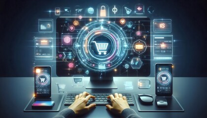 Hands Typing on Futuristic E-commerce Dashboard