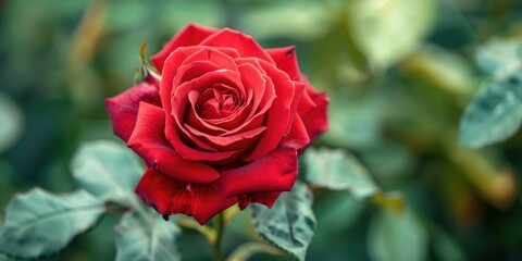 Fototapeta premium Close up of a red rose in a garden with soft focus