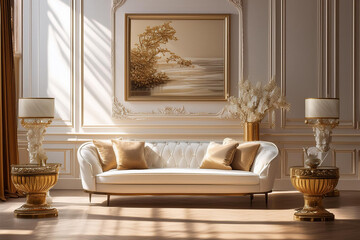 Fototapeta premium luxury living room with a classic white sofa and sofa, interior design