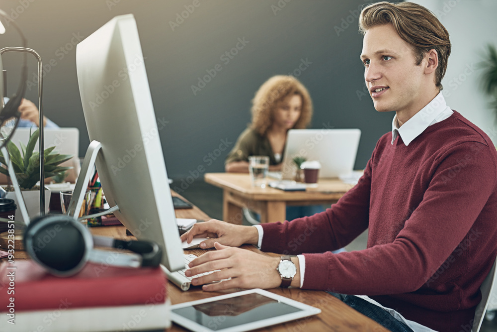 Poster Man, computer and smile for small business, research and creative startup with online web design. Designer, technology and digital website for internet service, project management and ux thinking