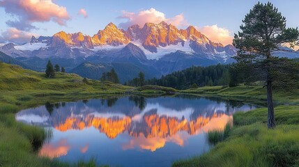 Obraz premium majestic snowcapped mountain range at golden hour pristine alpine lake reflecting the peaks lone pine tree silhouetted in foreground wispy clouds catching the light