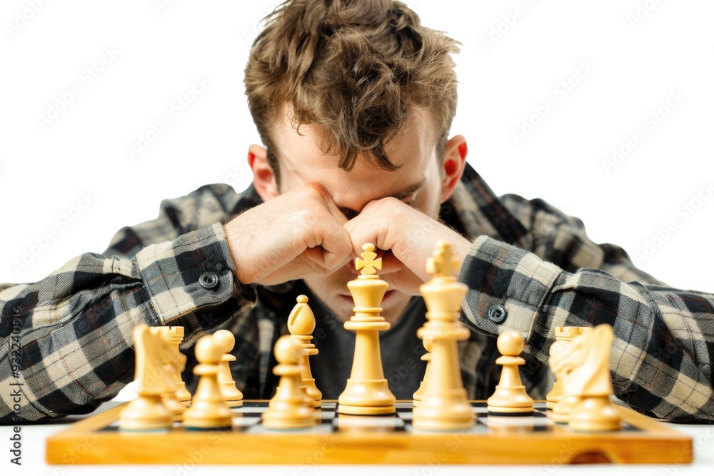 Poster a person playing the game of chess, focused on the board