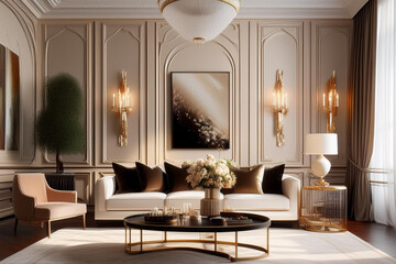 luxury living room with a classic white sofa and sofa, interior design