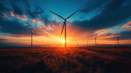Obraz premium majestic wind turbine silhouette against a vibrant blue sky suns rays dramatically highlight the blades clean energy symbolism with a touch of lens flare for visual impact