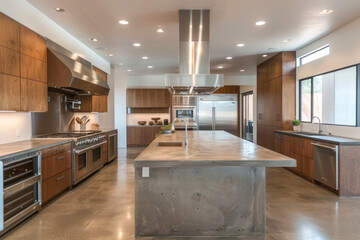 Modern industrial kitchen with medium-textured concrete countertops.
