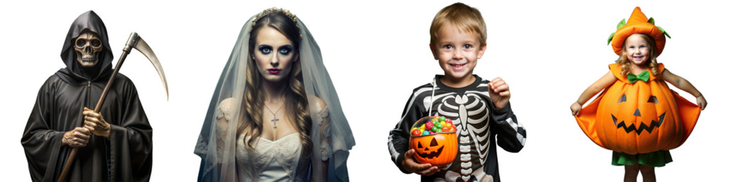 Naklejki Halloween costume group featuring grim reaper, spooky bride, skeleton boy, and pumpkin girl on a transparent background