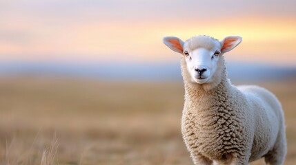 Fototapeta premium Sheep grazing in a lush field under a clear sky during golden hour