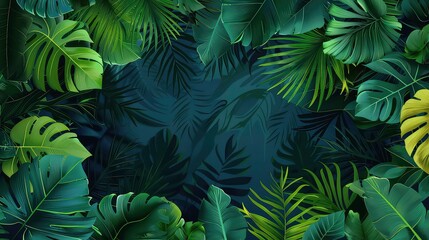 A dark green background of lush tropical foliage with a deep blue background, creating a serene and peaceful ambiance.