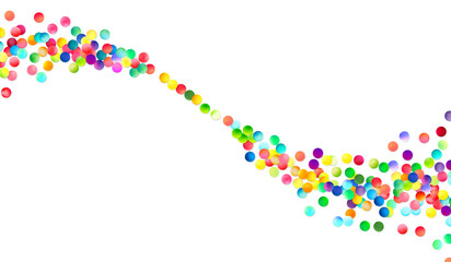 A dynamic diagonal stream of vividly colored bubbles flows across a white background, suggesting motion and festivity.