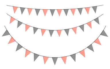 Fototapeta premium Black Friday sale colorful bunting garlands with flags made of shredded pieces of fabric. Decorative multicolored party pennants for festival, party celebration. Holiday background with hanging flags.