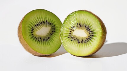 Two halved kiwi fruits displaying their juicy flesh and seeds, placed on a white surface