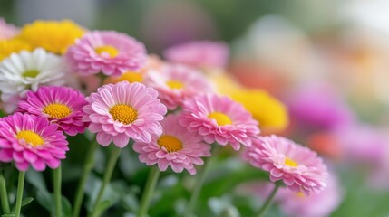 Obraz premium Colorful daisies in bloom with soft focus background during a sunny spring day