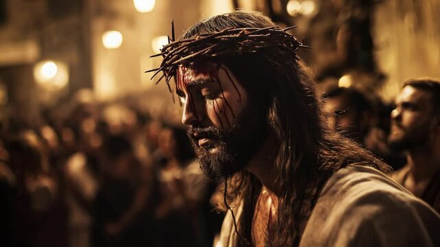people Jesus Christ wearing crown thorn with blood dripping down