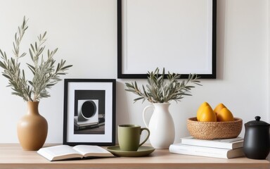 Breakfast still life. Cup of coffee, books and empty picture frame mockup on wooden desk, table. Vase with olive branches. Elegant working space, home office concept. Scandinavian interior design