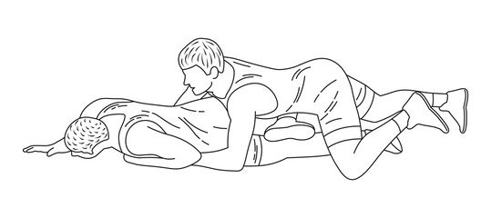 Sketch of wrestlers in a prone position, Greco-Roman wrestling, duel, sketch outline