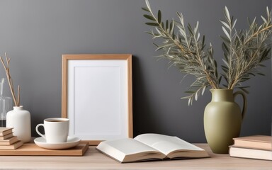 Breakfast still life. Cup of coffee, books and empty picture frame mockup on wooden desk, table. Vase with olive branches. Elegant working space, home office concept. Scandinavian interior design