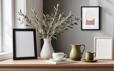 Breakfast still life. Cup of coffee, books and empty picture frame mockup on wooden desk, table. Vase with olive branches. Elegant working space, home office concept. Scandinavian interior design