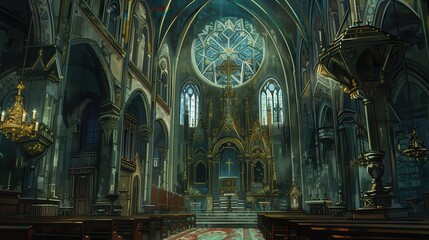 Obraz premium The gothic church features elaborate architecture, stained glass windows, and a tranquil atmosphere in the evening light