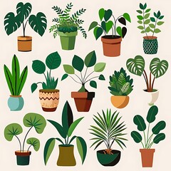 Hand-Drawn Houseplant Collection in Decorative Pots for Home Decor