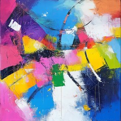 Abstract painting with vibrant colors and dynamic shapes creating an energetic composition.