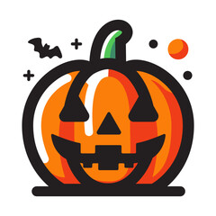 Halloween pumpkin with happy face on white background. bat and moon around it