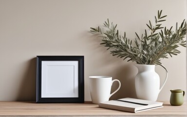 Breakfast still life. Cup of coffee, books and empty picture frame mockup on wooden desk, table. Vase with olive branches. Elegant working space, home office concept. Scandinavian interior design