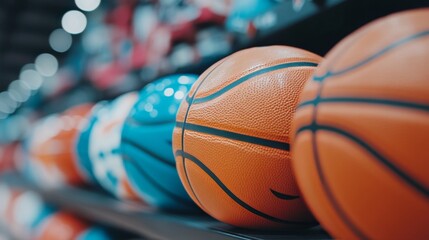 Colorful basketballs lined up on a display shelf in a sports store