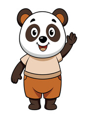 a cute panda wearing brown shorts waving like saying hi