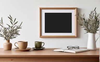 Breakfast still life. Cup of coffee, books and empty picture frame mockup on wooden desk, table. Vase with olive branches. Elegant working space, home office concept. Scandinavian interior design