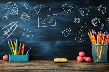 Education concept - empty wooden table and chalkboard background for product display