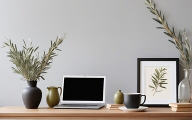 Breakfast still life. Cup of coffee, books and empty picture frame mockup on wooden desk, table. Vase with olive branches. Elegant working space, home office concept. Scandinavian interior design