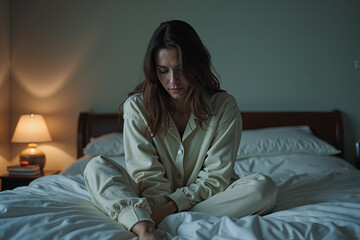 Fototapeta premium Woman Experiencing Depression Sitting on Bed in Pajamas - Emotional Struggle, Mental Health Challenges, and Isolation Depicted in Bedroom Setting.