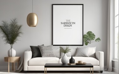 Mock up poster frame in scandinavian style interior. Minimalist interior design. 3D illustration