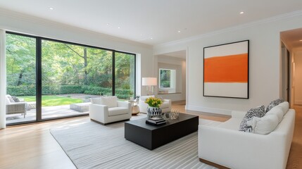 Fototapeta premium Modern living room with large windows overlooking a lush garden in bright afternoon light