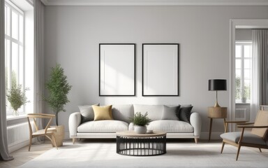 Mock up poster frame in scandinavian style interior. Minimalist interior design. 3D illustration