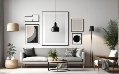Mock up poster frame in scandinavian style interior. Minimalist interior design. 3D illustration