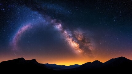 Naklejka premium Starry night sky over calm lake surrounded by mountain ranges at twilight