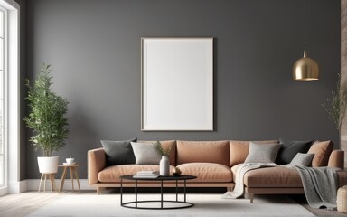 Mock up poster frame in scandinavian style interior. Minimalist interior design. 3D illustration