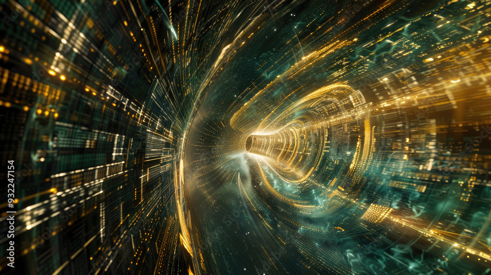 Fototapete a vibrant tunnel filled with golden and green lights conveying data movement and energy in an abstra