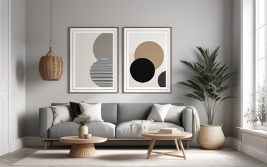Mock up poster frame in scandinavian style interior. Minimalist interior design. 3D illustration