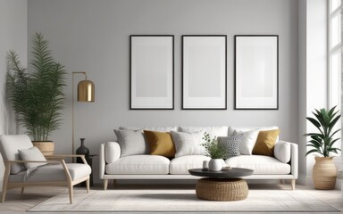 Mock up poster frame in scandinavian style interior. Minimalist interior design. 3D illustration