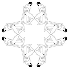 Geometrical frame ornament with ancient Greek men in a squatting position. Ethnic vase painting style. Black and white linear silhouette.