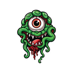 A grotesque, green, one-eyed monster with sharp teeth and tentacles dripping blood.