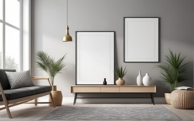 Mock up poster frame in scandinavian style interior. Minimalist interior design. 3D illustration