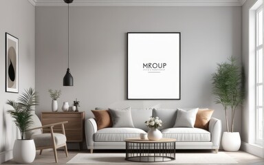 Mock up poster frame in scandinavian style interior. Minimalist interior design. 3D illustration