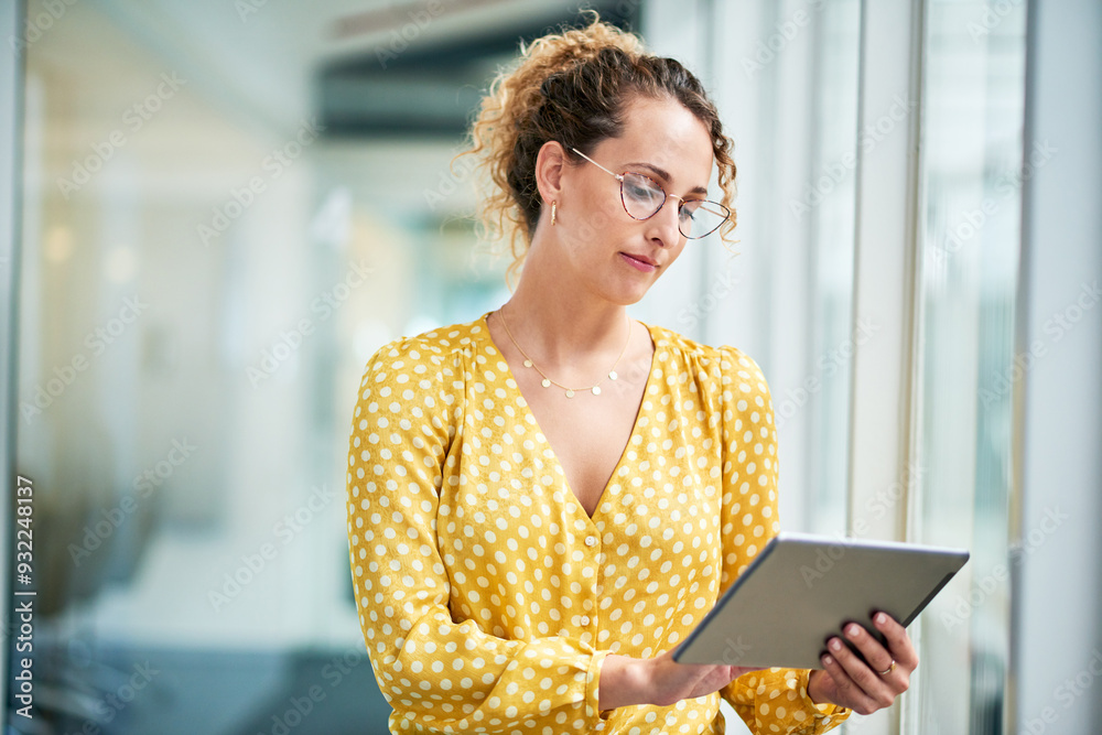 Poster tablet, research and business woman with social media, content creation project and online in office