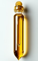 Fototapeta premium A clear glass vial containing golden liquid, possibly an essential oil or serum.