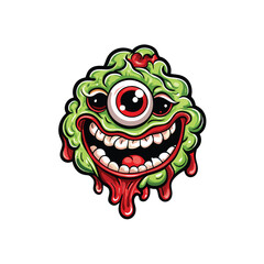 Illustration of a green, blob-like monster with a single red eye, a wide grin and dripping red blood.